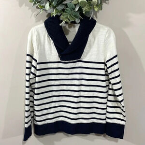 J. Crew Long Sleeve Navy and Off White Striped Shawl Neck Pullover M
